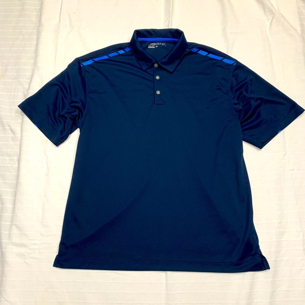 Men’s Nike Golf Polo. Dri-Fit. Size L. Navy Blue with Blue Accent on Shoulders.